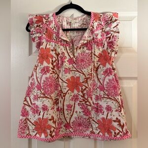 💗🧡Floral Pink and Orange Flutter Sleeve Blouse 🧡💗
